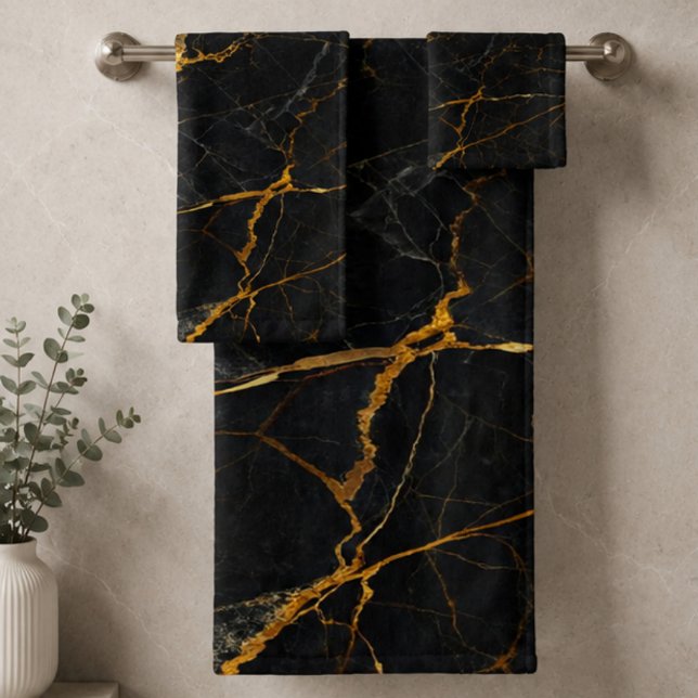 Conjunto De Toalhas Luxury Black Marble Gold Monogram Business Brand (Criador carregado)