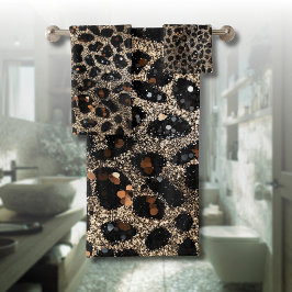 Conjunto De Toalhas Luxury Glitter Brown Black Gold Leopard Pattern