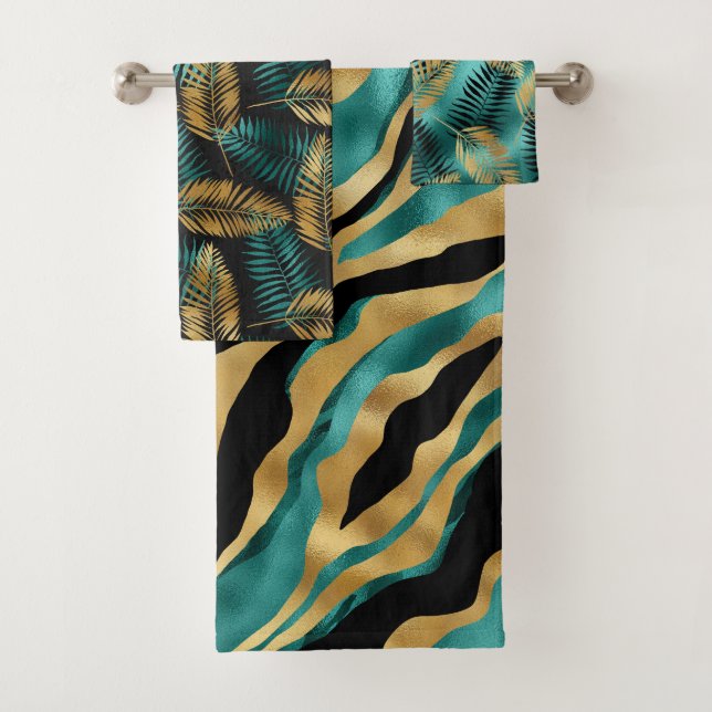 Conjunto De Toalhas Luxury Gold Teal Tiger Stripe & Tropical Leaves (Insitu)