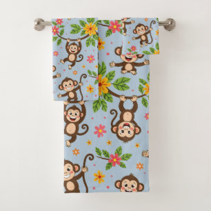 Conjunto De Toalhas Macacos Modernos Felizes Boa Sorte em Azul Claro