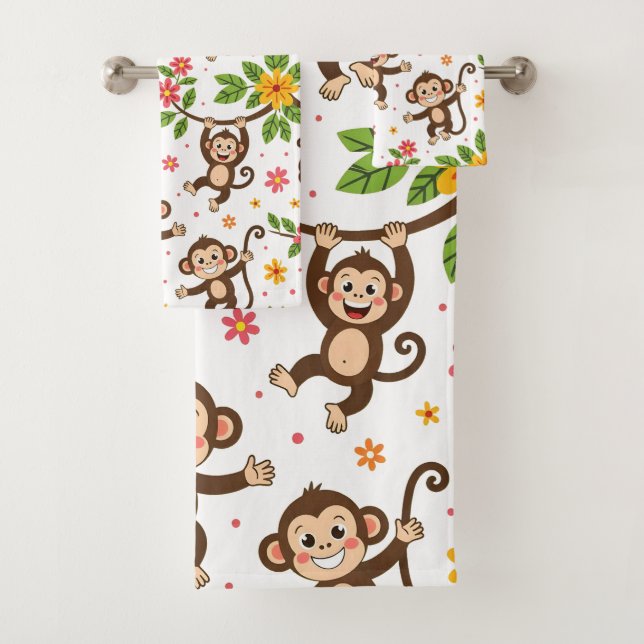 Conjunto De Toalhas Macacos Modernos Felizes com Boa Sorte em Branco (Insitu)