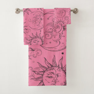 Conjunto De Toalhas Magia Rosa Vintage Sol Lua Estrelas Celestiais