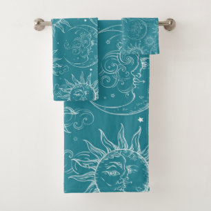 Conjunto De Toalhas Magia Verde Vintage Celestial Sol Lua Estrelas
