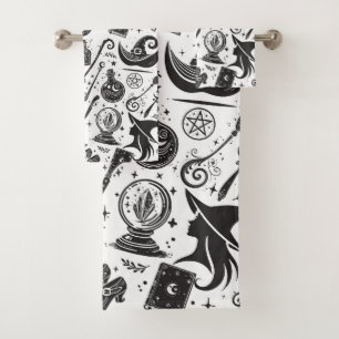 Conjunto De Toalhas Mágica Bruxa Whimsical Wiccan Pagan Black & White