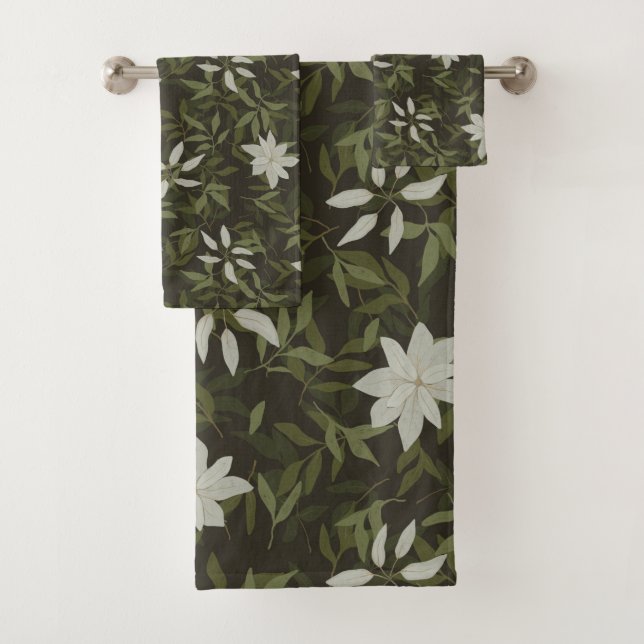 Conjunto De Toalhas Magnolia e folhas verdes em preto (Insitu)