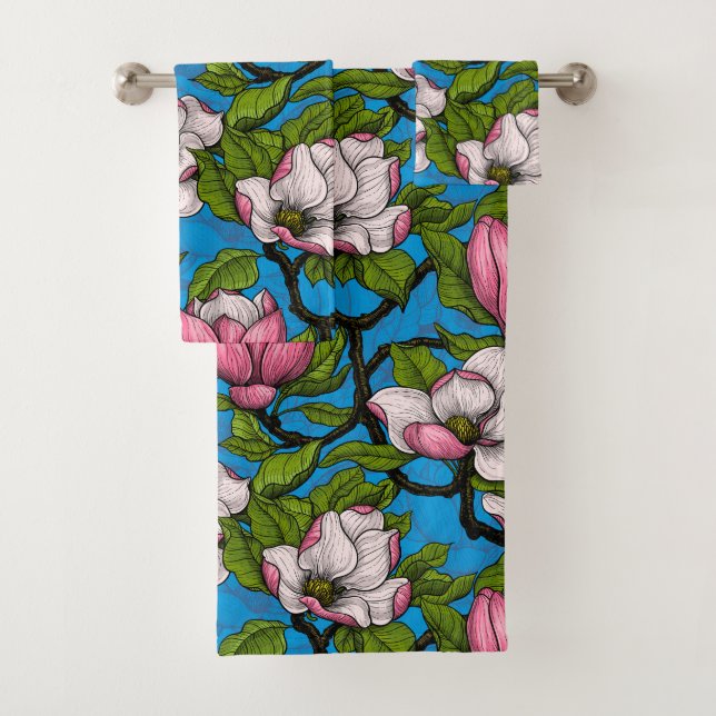 Conjunto De Toalhas Magnólia florescente em azul (Insitu)