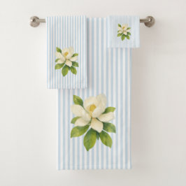 Conjunto De Toalhas Magnolia Flower Painting Blue Stripe