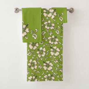 Conjunto De Toalhas Malia Hawaiian Hibiscus Floral Coordination -Olive