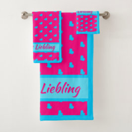 Conjunto De Toalhas Mama`s Liebling Rosa mit blauen Herzen