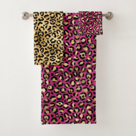Conjunto De Toalhas Manchas de leopardo elegantes em rosa e dourado
