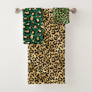 Conjunto De Toalhas Manchas de leopardo elegantes em verde escuro e fo