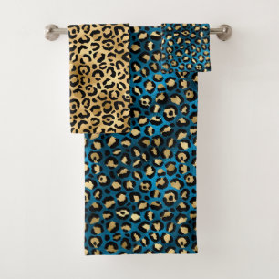 Conjunto De Toalhas Manchas de Leopardo em Folha Dourada e Azul Elegan