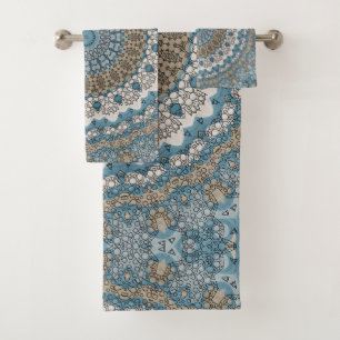 Conjunto De Toalhas Mandala Azul e Bege Padrão Geométrico Intrincado