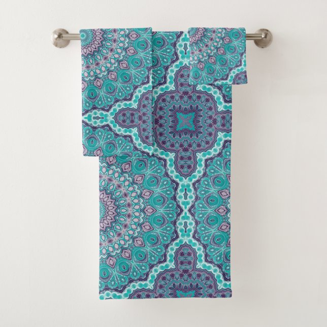 Conjunto De Toalhas Mandala em Aquarela em Azul-turquesa e Roxo (Insitu)