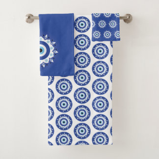 Conjunto De Toalhas Mandala Grego Mau Olho Padrão Azul Branco