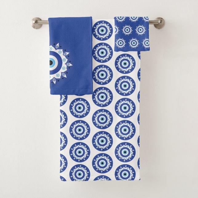 Conjunto De Toalhas Mandala Grego Mau Olho Padrão Azul Branco (Insitu)