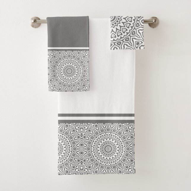 Conjunto De Toalhas Mandala Moderna Cinza e Branco (Insitu)