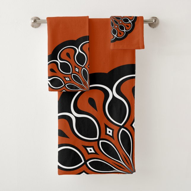 Conjunto De Toalhas Mandalá moderno abstrato preto e laranja (Insitu)