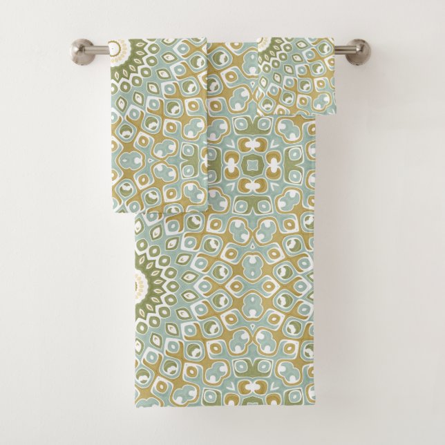 Conjunto De Toalhas Mandala Terroso em Verde, Dourado e Azul Suave (Insitu)