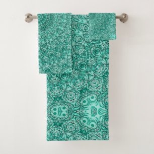 Conjunto De Toalhas Mandala Turquesa com Simetria Intrincada