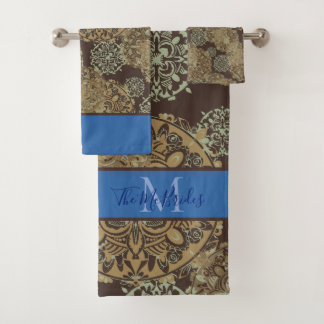 Conjunto De Toalhas Mandalas Boho Mal-humorados Azuis e Marrons Monogr