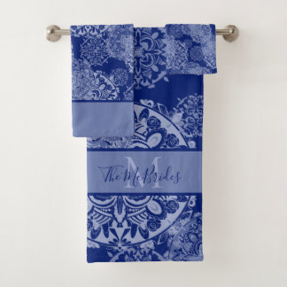 Conjunto De Toalhas Mandalas Boho Mal-humorados Azul Monogramado