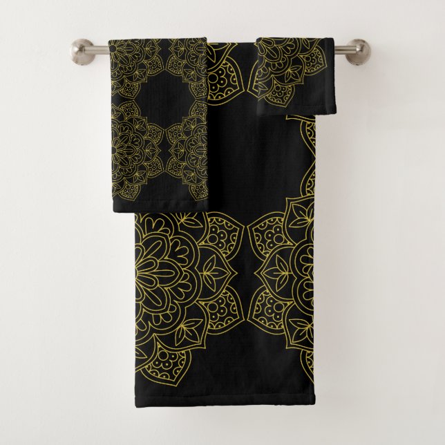 Conjunto De Toalhas Mandalas Douradas Elegantes a Preto (Insitu)
