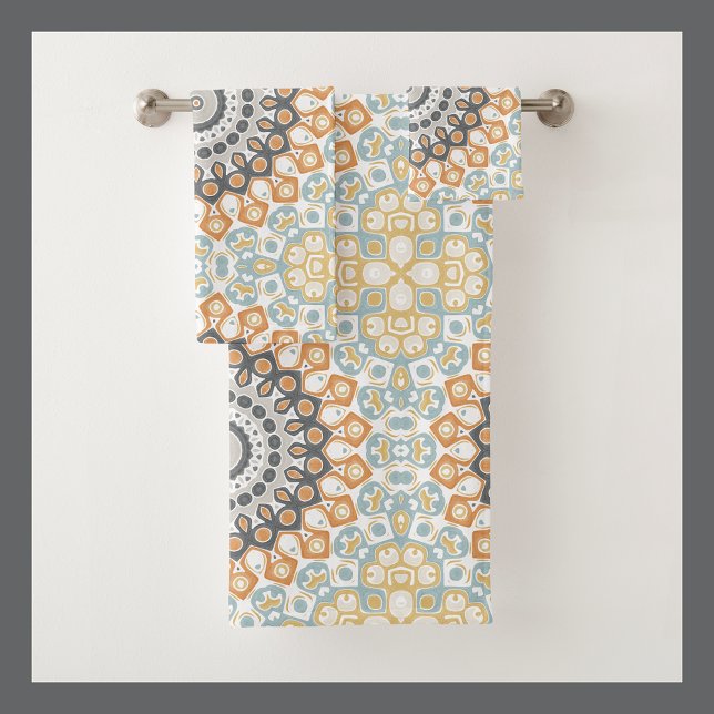 Conjunto De Toalhas Mandalas Geométricas em Laranja, Cinza e Azul (Criador carregado)
