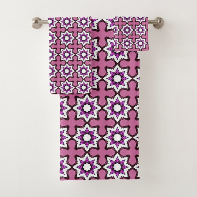 Conjunto De Toalhas Mandalas geométricos rosa, preto e branco (Insitu)