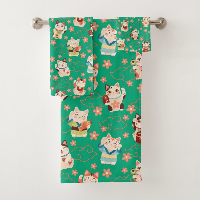 Conjunto De Toalhas Maneki Neko Lucky Cats Bath Towel Set (Insitu)