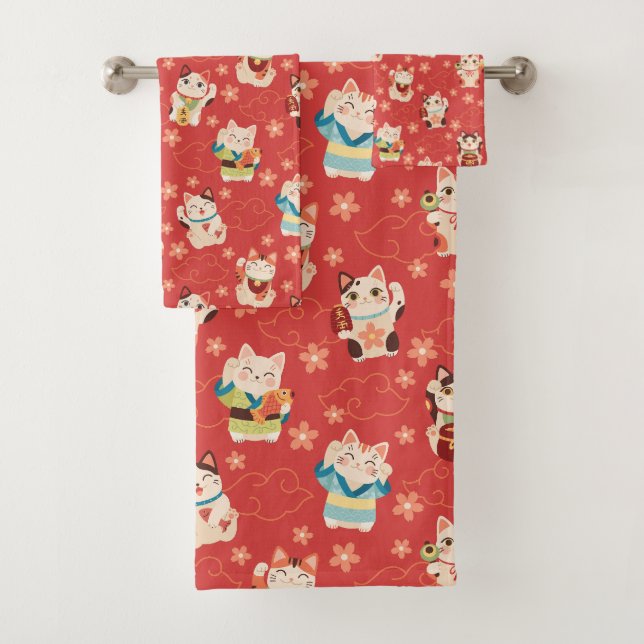 Conjunto De Toalhas Maneki Neko Lucky Cats Bath Towel Set (Insitu)