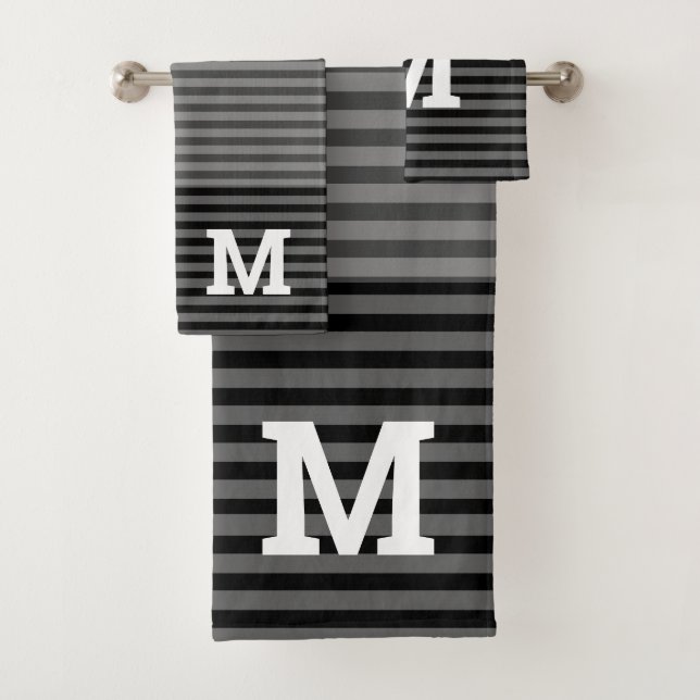 Conjunto De Toalhas Mão Negra e Cinza, Monogramas Striped (Insitu)