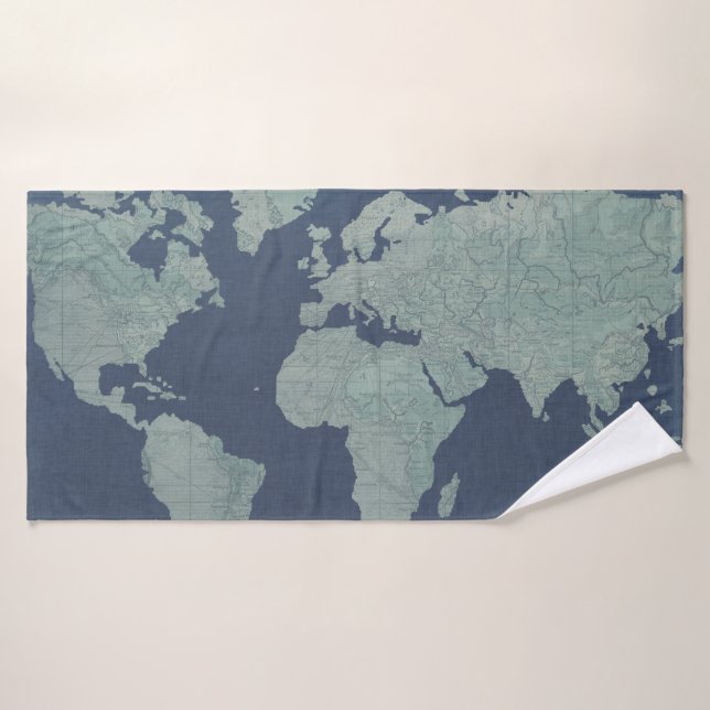 Conjunto De Toalhas Mapa do Mundo de Linen Azul (Toalha de Banho)