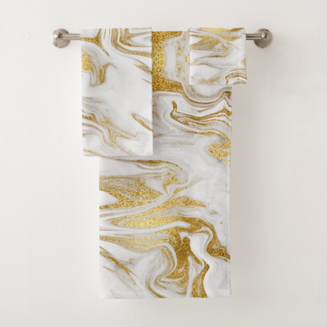 Conjunto De Toalhas Marble Branco Dourado Elegante (Insitu)