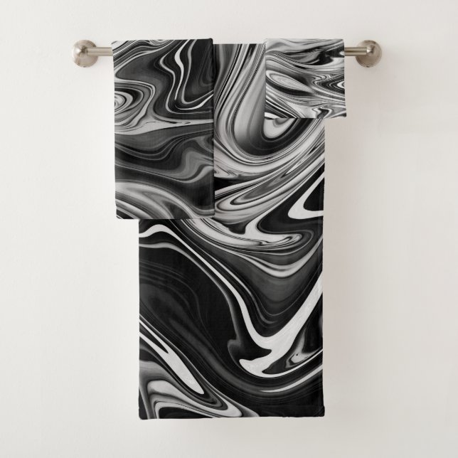 Conjunto De Toalhas Marble Elegante 7 - Preto e Branco Líquido (Insitu)