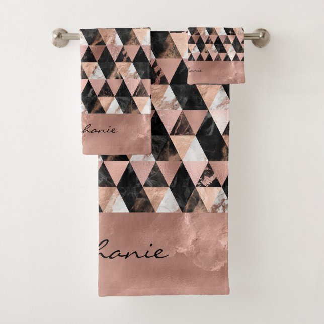 Conjunto De Toalhas Marble em preto | Monograma branco e rosa (Insitu)