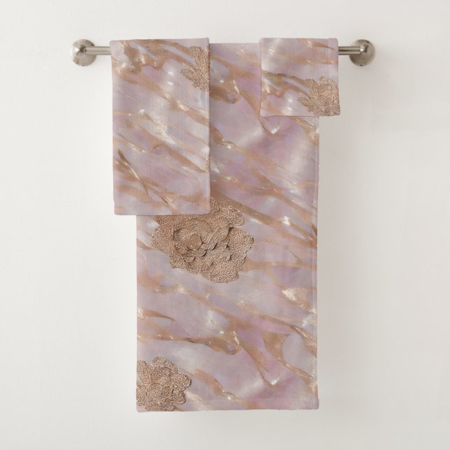 Conjunto De Toalhas Marble Floral, rosa e Dourada (Insitu)