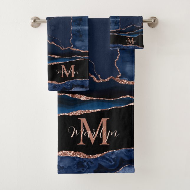 Conjunto De Toalhas Marinho Azul Agate Rosa de Tendência Personalizada (Insitu)