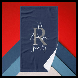 Conjunto De Toalhas Marinho Azul Cinza Branco Nome da família Monogram