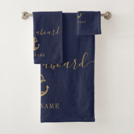 Conjunto De Toalhas Marinho Azul Dourado Boas-vindas a bordo Nome Náut