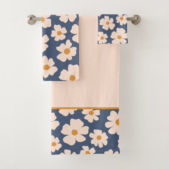 Conjunto De Toalhas Marinho azul e bege floral (Insitu)