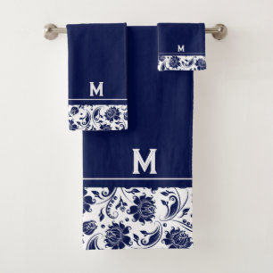 Conjunto De Toalhas Marinho azul e branco da vinheta monograma 2