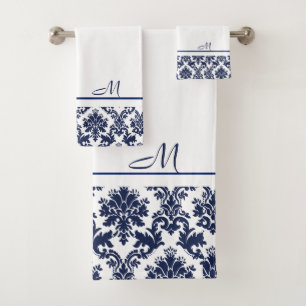 Conjunto De Toalhas Marinho azul e branco vintage damascos 2 monograma