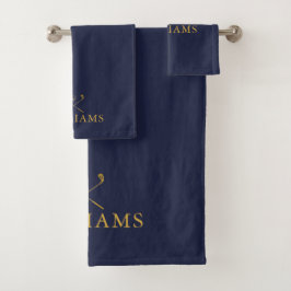 Conjunto De Toalhas Marinho Azul E Nome Personalizado Dourado Pilhas D