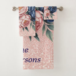 Conjunto De Toalhas Marinho azul e Rosa Dourado Floral