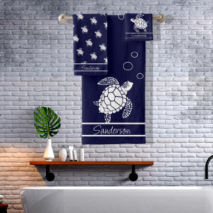 Conjunto De Toalhas Marinho Azul Monograma Tartaruga do Mar Branco Náu