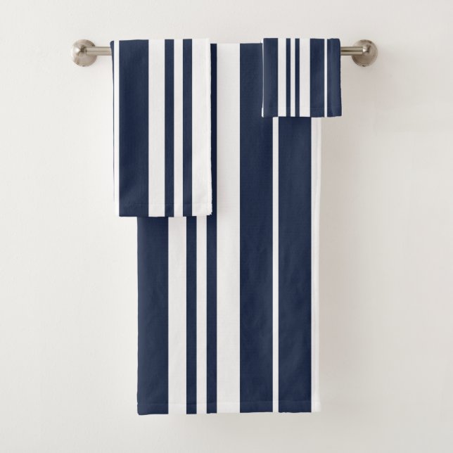 Conjunto De Toalhas Marinho Azul White Strips Moderno Chic (Insitu)