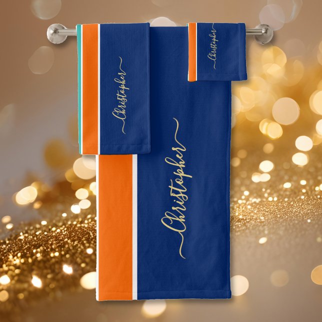 Conjunto De Toalhas Marinho Blue Orange Racpes Faux Dourado Monograma (Navy Blue Orange Racing Stripes Faux Gold Monogram Bath Towel Set)
