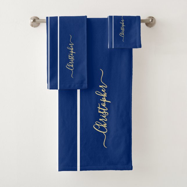 Conjunto De Toalhas Marinho Blue White Racpes Faux Dourado Monograma (Insitu)