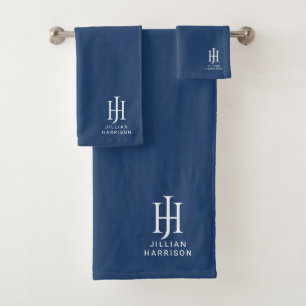 Conjunto De Toalhas Marinho branco elegante azul monograma